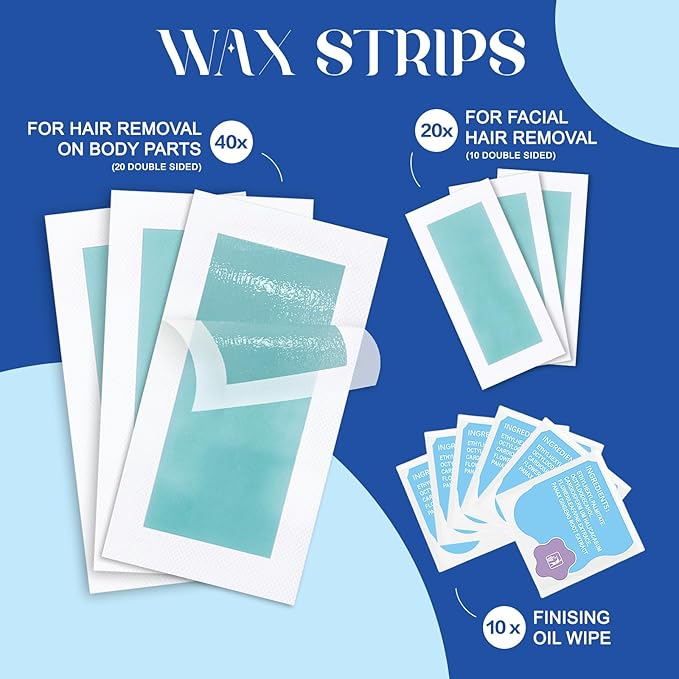 Wax Strips - (60 Count),10 Calming Oil Wipes Hypoallergenic For Hair Removal, For Women and Men, Face Waxing Kit For Women, Body Wax Strips - Brazilian Waxing, Suitable For All Skin Types