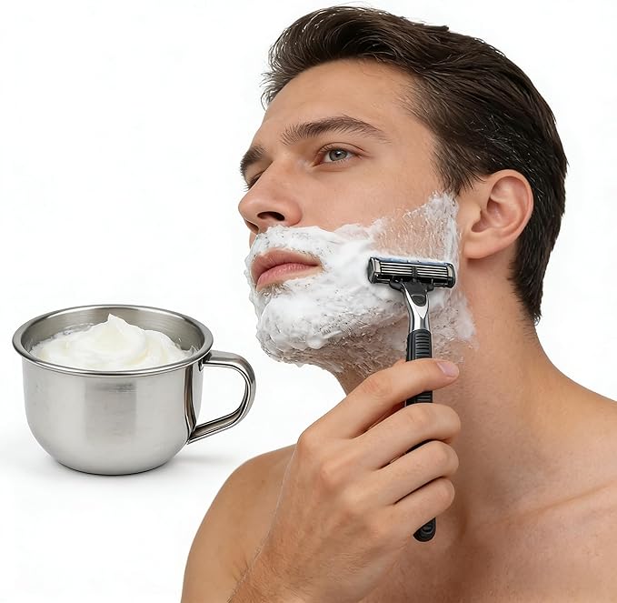 Luxury Shaving Soap Bowl, Thick Lather, Unbreakable, Tactile Texture, Great for Most Pucks & Soaps,5 Pack of Stainless Steel Shaving Mugs for Men with Handles