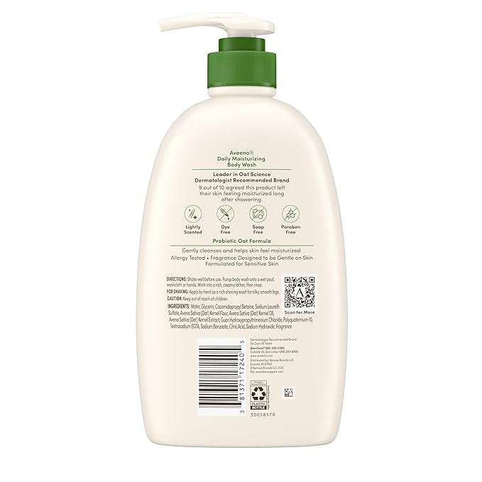 Aveeno Daily Moisturizing Body Wash for Dry & Sensitive Skin + Prebiotic Oat, Body Wash Gently Cleanses & Nourishes Dry Skin, Lightly Scented, Value Size, 33 fl. oz