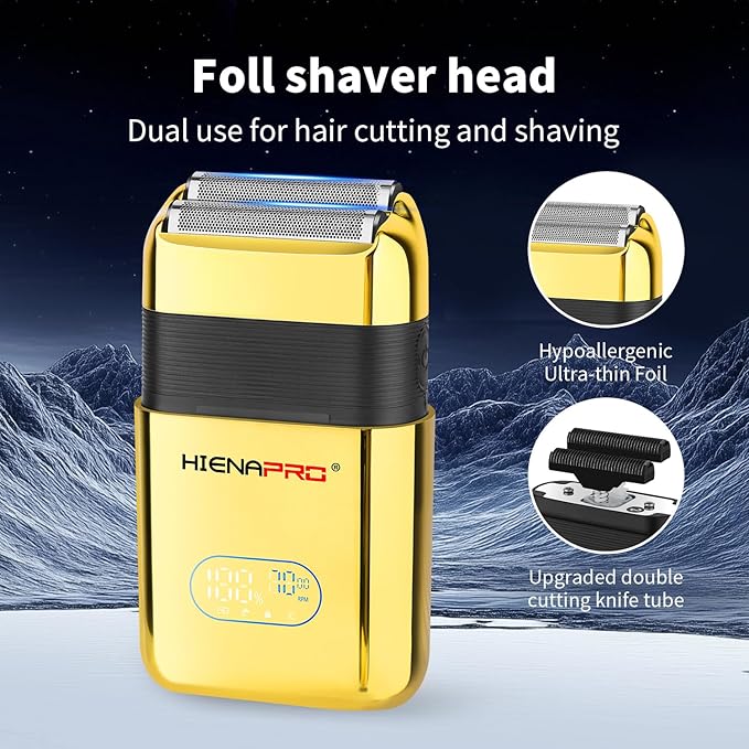 HIENA PRO Reciprocating Electric Foil Shaver for Men, Cordless Professional Bald Head Precision Trimmer & Beard Trimmer, Foil Shaver with LED, Gifts for Men(Gold)