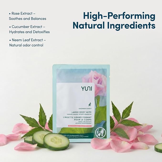 YUNI Beauty Large Body Wipes (Rose Cucumber, 12 Count) Soft Moist Showerless Wipe, Cleanse & Deodorize Waterless Travel Body Cleanser, Biodegradable Individually Wrapped Body Wipe for Camping or Gym