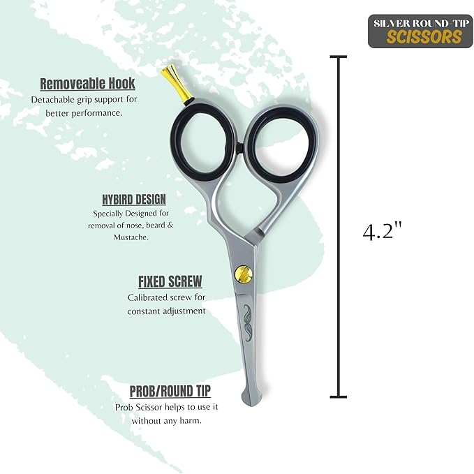 Rounded-Tip Trimming Scissors for Men – Stainless Steel High Carbon Beard, Mustache, and Ear Hair Grooming Scissor (Silver-Round-Tip)
