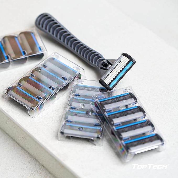 Toptech PRO 5 Razors for Men - Manual Shaving Razor & Replaceable Cartridges - 5-Blade Technology - 18 Count Pack (1 Handle + 17 Refills) - Soft Shave & Sharp Blades - Cost-effective Refill