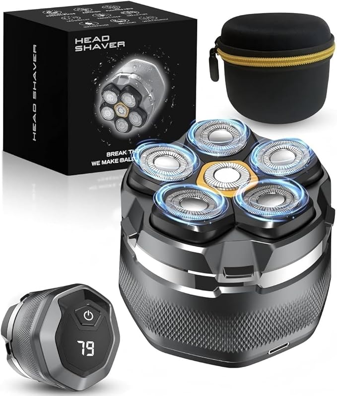 Head Shaver for Bald Men, 10,000 RPM High-Speed Electric Razor, Innovative 6D Magnetic Floating Heads, IPX8 Waterproof Wet/Dry Shaving Kit with LED Display & EVA Travel Case，Upgraded Gray&Yellow
