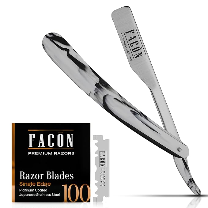 Facón Straight Razors for Men - Professional Barber Straight Edge Razor Kit with 100 Blades, Classic Stainless Steel Barbero Shaver for a Smooth & Precise Shave, Premium Barber Razor for Men's Shaving
