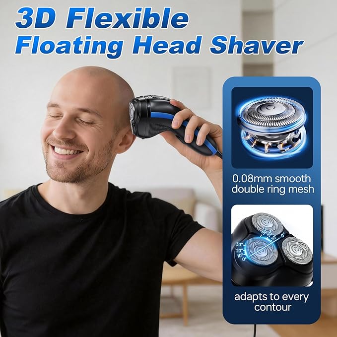 Upgraded BlueFire Head Shaver for Bald Men, Corded 3D Rotary Electric Shaver with Pop-Up Trimmer, Close Dry Shave Razor for Head & Face (Blue)