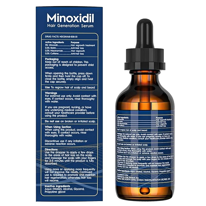 Hair Growth Serum 5% Minoxidil for Men Women with Biotin Castor Oil, Hair & Beard Care for Thinning Hair, Nourishing Scalp Treatment, 2.1FL OZ