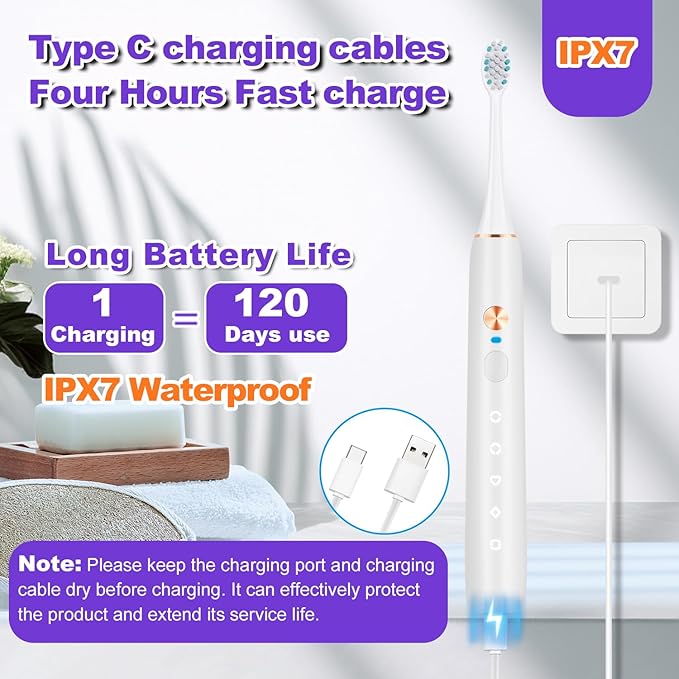 Whitening Electric Toothbrush for Adults and Kids, Rechargeable Toothbrush with 8 Brush Heads & Travel Case, 5 Modes & Smart Timer, 45000VPM Deep Clean, IPX7,One Fast Charge Last 120 Days - White