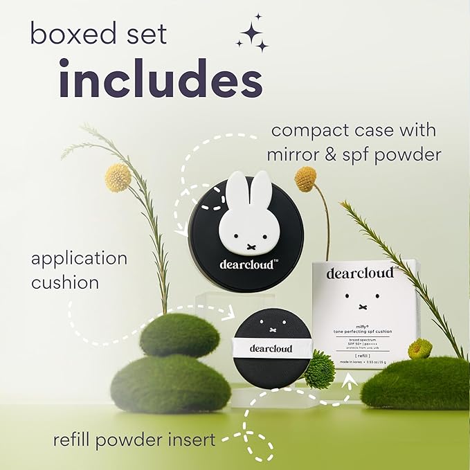Miffy Dear Sun Tone Perfecting SPF Cushion Refill Set SPF 50+ – Color Adapting Sunscreen, Korean Sunscreen SPF 50 (.53 oz)
