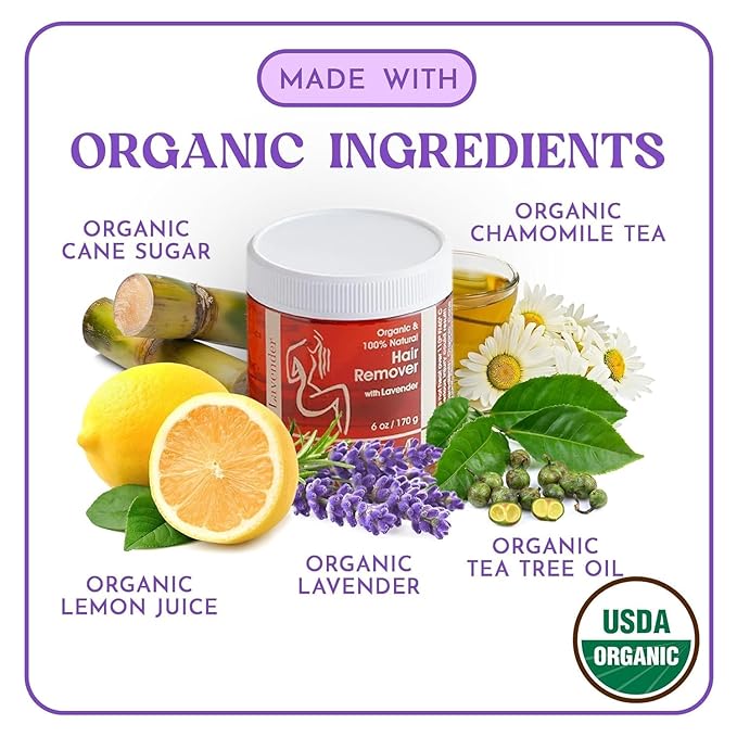 MOOM Organic Sugar Waxing Kit with Lavender & Chamomile - Natural Sugar Hair Removal Glaze with 18 Hair Wax Strips & 4 Applicator Sticks for Face & Body 6 oz.1 Pack