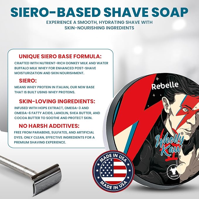 Wholly Kaw Shaving Soap Luxury Dense, Rich & Creamy Lather Tallow Wet Shave Puck Notes of Oud, Leather, Tobacco, Vetiver, Hay. Grooming and Skincare for Men Formulated for Sensitive Skin - Rebelle