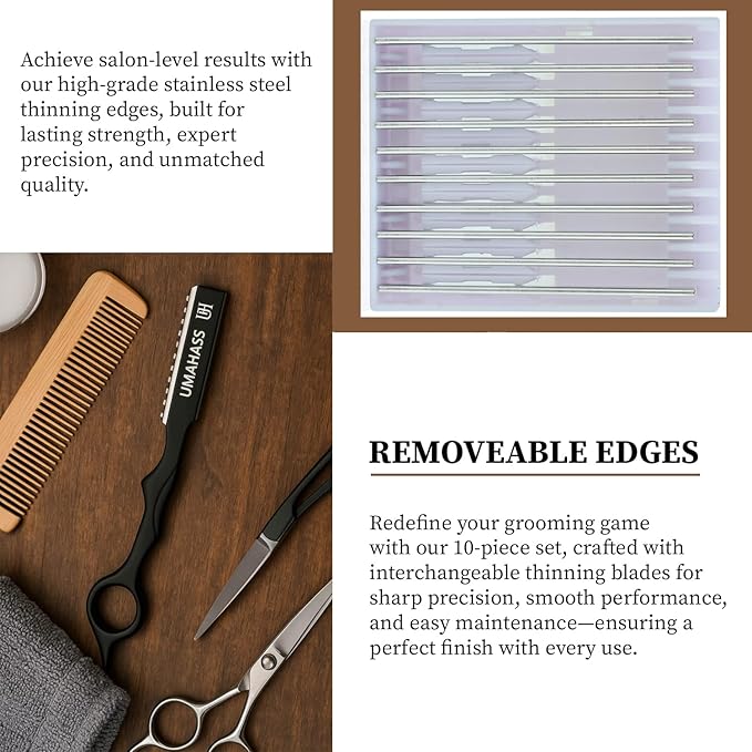"UMAHASS Professional Hair Cutting Razor 6.5 Inch" Hair Styling Thinning Texturizing Cutting Razor with Replacement Hair Razor Blades 10 Pcs – Precision Barber Razor for Men & Women, Salon Use