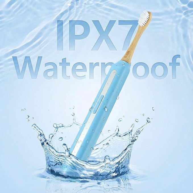 Bamboo Electric Toothbrush丨Rechargeable Electric Toothbrush with 4 Bamboo Heads, Soft Castor Oil Bristles,5 Moedes&3 Intensities, 45 Days Battery Life, IPX7 Waterproof-Light Blue