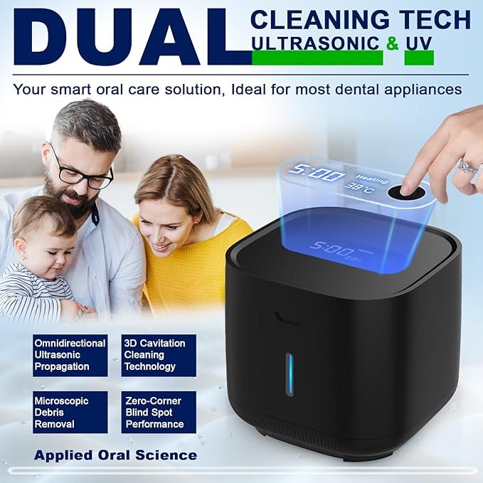 Ultrasonic Retainer Cleaner Machine, Dental Cleaning Pod for Dentures, Mouth Guard, Aligner, Night Guard, Jewelry, Braces, Ultra Sonic Cleaner for All Dental Appliances (Black)