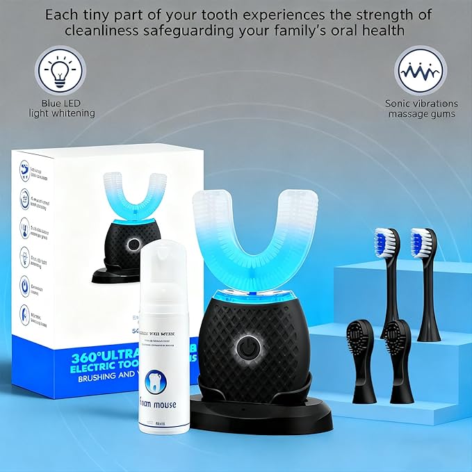 U-Shaped Electric Toothbrush for Adults, Hands-Free Auto Teeth Cleaner with 360° Ultrasonic & Foam Mousse, 4 Brush Heads, LED Light & Charging Base Kit (Black)