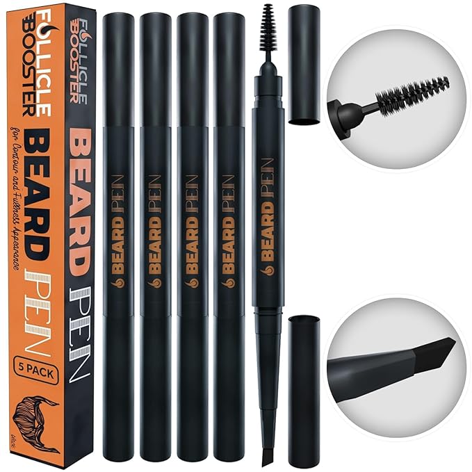 Beard Pen Filler for Men - Barber Styling Grooming Pencil - Waterproof, Sweat Proof, Long Lasting Solution with Natural Finish - Cover Beard and Scalp Patches in Seconds - Medium Brown 5 Pack