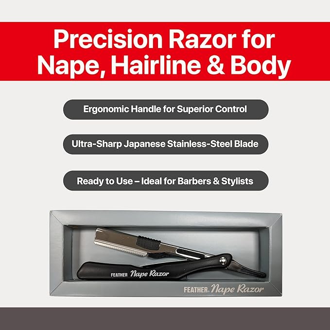 Feather - Nape and Body Razor - Designed for Trimming, Cutting, Thinning, Shaving Neckline, Facial Detail Work, Bikini Areas & Dermaplaning Use - Ergonomic Handle - Made in Japan