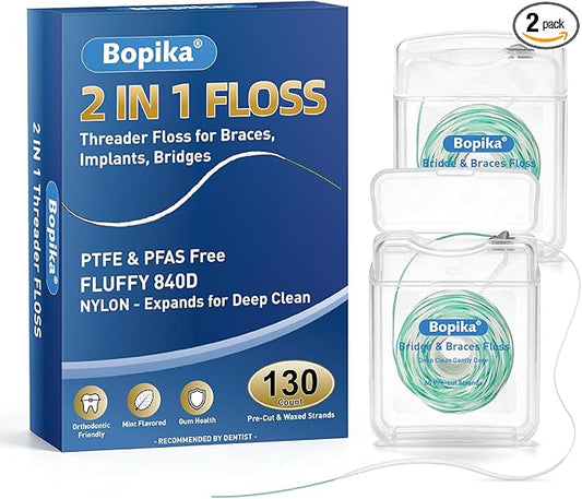 Bopika 2-in-1 Threader Floss for Braces Bridges and Implants, Expanding Fluffy Dental Floss for Wide Spaces, Light Mint Pre-Sized Segments, 130 Count (2 Packs of 65)
