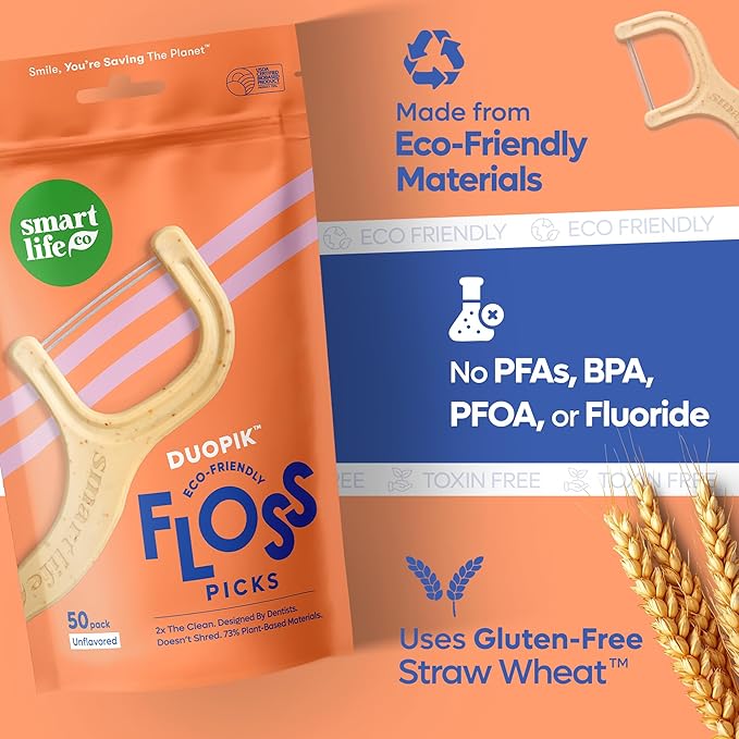 SmartLifeco Eco-Friendly Dual-Thread Dental Floss Picks (200ct) - Flossers Made with Straw Wheat Blend, Superior Anti-Shred for Tight Gaps, Tooth Pick Stick for Adults, Soft on Gum & Teeth, Unflavored