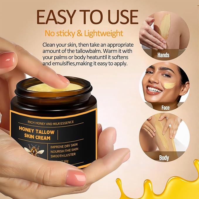 Beef Tallow Honey Balm for Skin & Face, Whipped Beef Tallow Face Moisturizer with Honey, Grass Fed Beef Tallow Cream, All Natural Pure Body Lotion for Women & Men Dry Sensitive Skin, 3.88 OZ