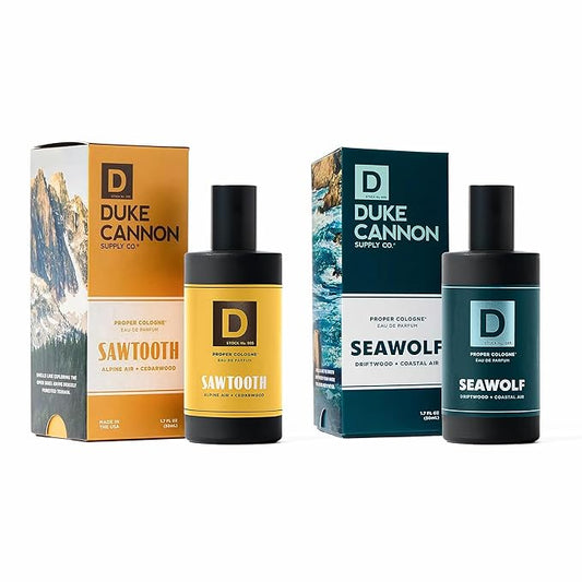 Duke Cannon Supply Co. Proper Cologne 2-Pack for Men – Sawtooth & Seawolf Eau de Parfum, Alpine Air Cedarwood + Driftwood Coastal Air Scents, Long-Lasting Masculine Fragrance, 1.7 Fl Oz.