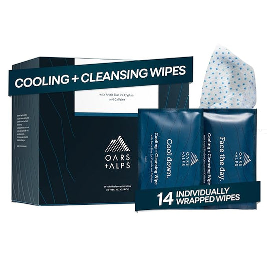 Oars + Alps Cooling Face & Body Wipes, Dual Sided Cleansing Wipes Towelettes for Post Workout, Activities,Commutes, Dermatologist Tested Skin Care with Menthol & Ginseng, Travel Friendly, 14ct