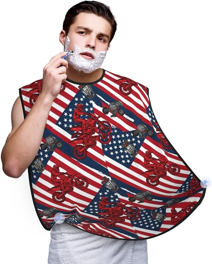 Beard Trimming Catcher Apron, Waterproof Non-Stick Grooming Bib for Shaving, Ideal for Men Dad Father’s Day, Motorcycle American Flag Motocross Dirt Bike Shave Bib