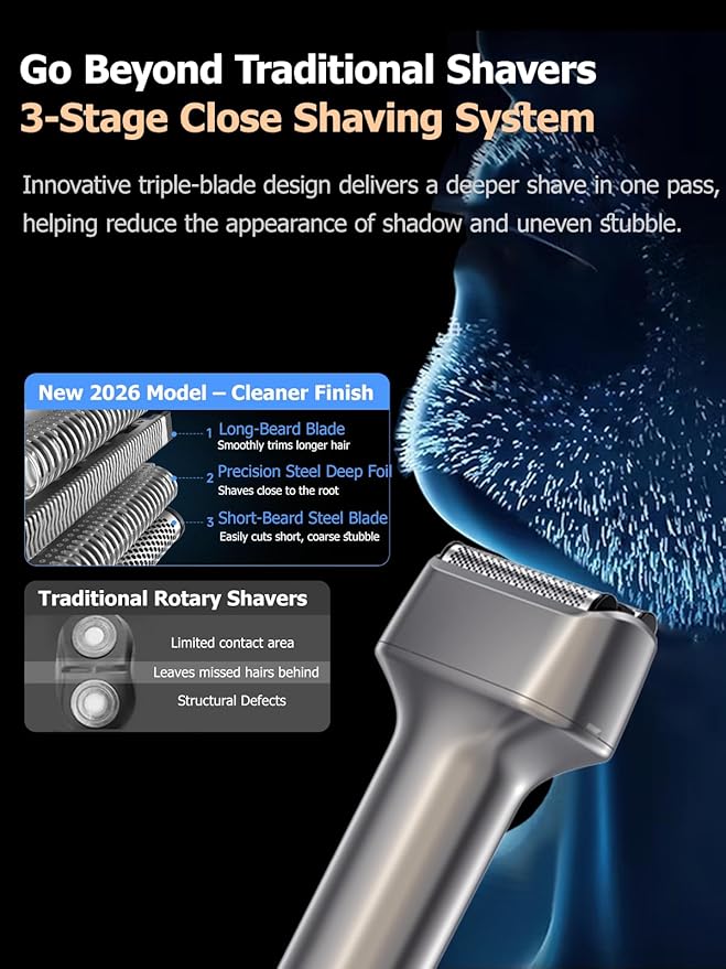 Electric Foil Shavers for Men, Mini Electric Razor for Face & Beard, Samll Shaver Portable Compact & Lightweight for Travel - IPX7 Waterproof Cordless Fast Charge, 3 Blades, Wet/Dry Use