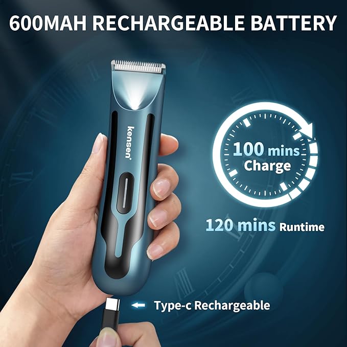 kensen Body Hair Trimmer for Men - Manscape Groin & Pubic Hair Trimmer for Men, Christmas Gift Mens Body Shaver with LED Light Travel Case IPX7 Waterproof Wet Dry Use Rechargeable Ball Shavers (Blue)