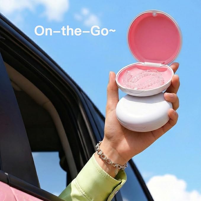 2 Pack Retainer Case, Compatible with Invisalign, Slim Aligner Case with Removal Tool, Aligner Seaters & Brush, Pocket Size Secure Magnetic Closure for Travel - White&Pink