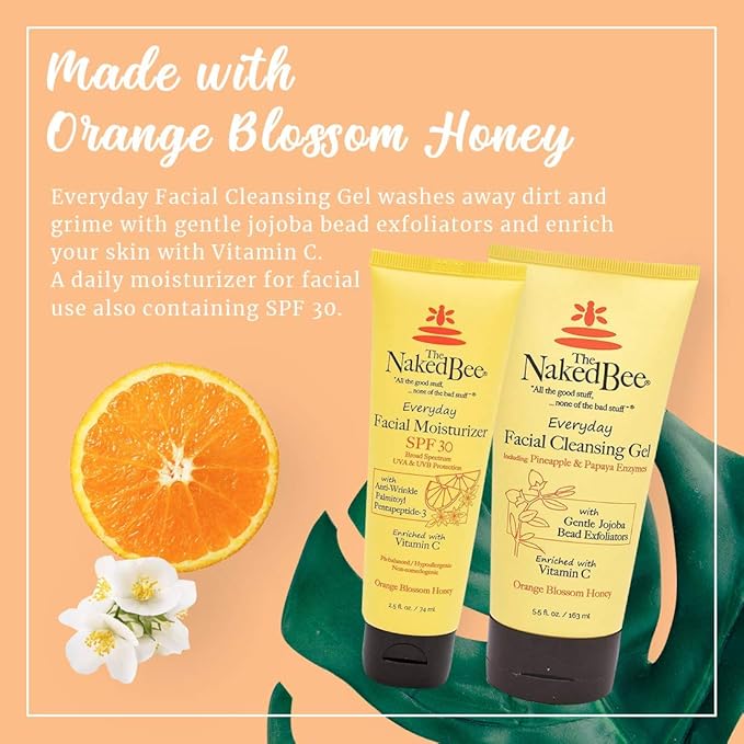 The Naked Bee Orange Blossom Honey Everyday Facial Care, Exfoliating Facial Cleansing Gel (5.5 oz) and Anti-Wrinkle Moisturizer SPF30 (2.5 oz) - 2 Piece