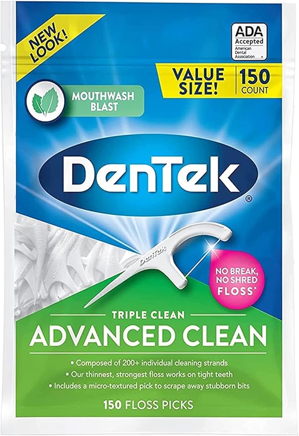 DenTek Triple Clean Advanced Clean Floss Picks, No Break & No Shred Floss, 150 Count (Pack of 10)