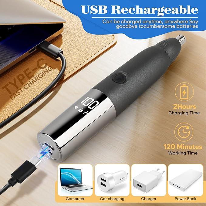 Weesiber 3 in 1 Nose Hair Trimmer for Men - Rechargeable Nose Trimming Kit, Painless Eyebrow Clippers for Women, IPX7 Waterproof Facial Sideburns Trimmer with LED Power Display (Black)