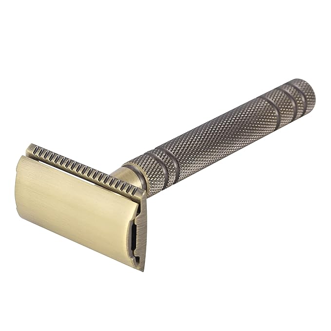 Double Edge Safety Razor Long Handle - Brass Bronze Blade Replaceable Razors,For Men Shaving Classic Razor,Reusable Metal Manual Shavers Close Comb