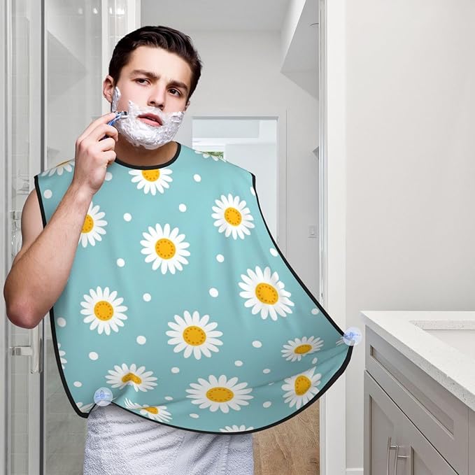 Professional Beard Bib, Non-Stick Hair Catcher Apron Waterproof, Shaving Grooming Essential for Men Dad, Light Blue Floral Daisy Flower Dots Shave Bib