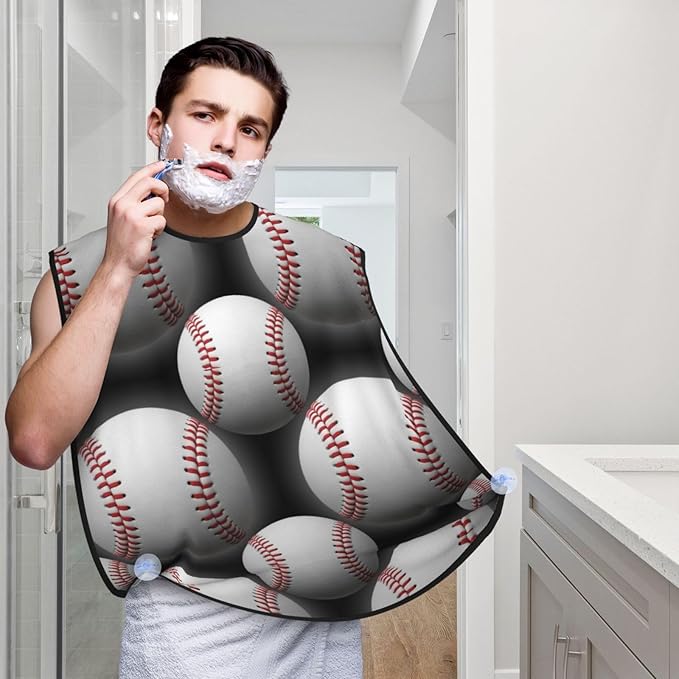 No-Slip Shaving Bib, Beard Grooming Apron with Strong Suction Cups, Sport Baseball