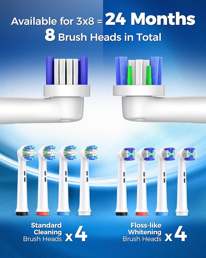 TEETHEORY Rotating Electric Toothbrush for Adults with 8 Brush Heads (2 Types), 4 Modes Deep Clean Electric Toothbrush with Rechargeable Power and 2 Min Smart Timer (7-SkyBlue, p1)