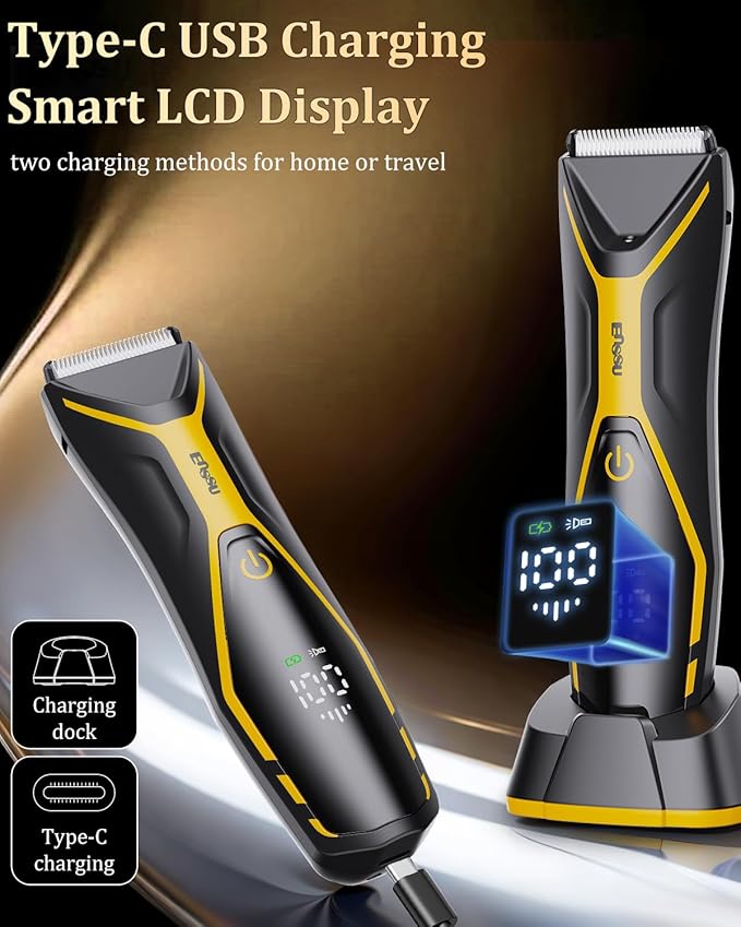 Electric Body Hair Trimmer for Men Type-C Rechargeable, Ball Pubic Trimmer Shaver Men with LED Light, Groin Body Groomer for Man, USB Recharge Dock& 1H Fast Charge, LED Display, Black+Yellow