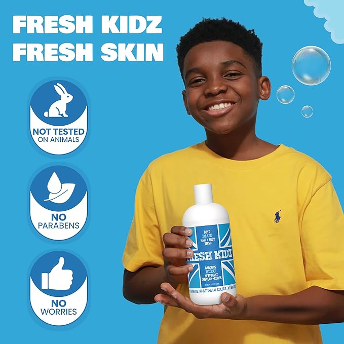 Fresh Kidz Hair & Body Wash for Kids and Teens - Gentle Bath and Shower Cleanser for All Skin Types - Boys Blue, 16.9 Fl.Oz.