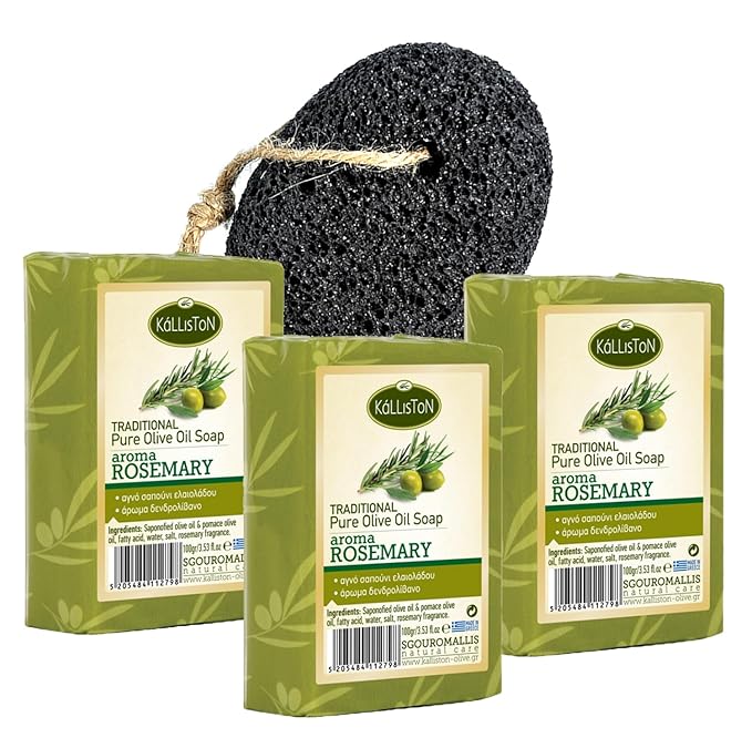 Kalliston, Rosemary & Olive Oil Soap Bar, Pumice Stone included, all natural, hypoallergenic, product of Crete, Greece, pack of 4