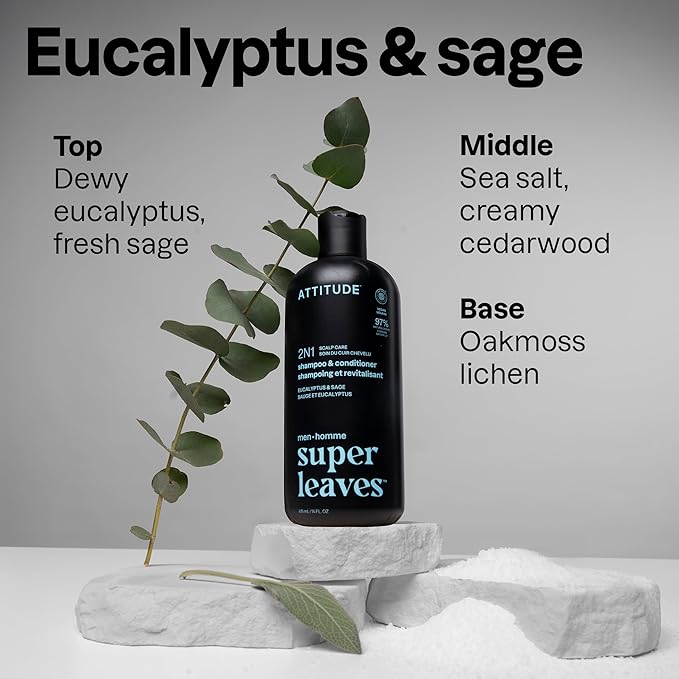 ATTITUDE Men's Shampoo and Conditioner 2-in-1, Scalp Care for Build Up & Oily Hair, 97% Natural Origin Ingredients, EWG Verified, Eucalyptus & Sage, 14 Fl Oz (Pack of 3)