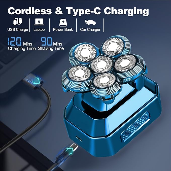 Head Shavers for Bald Men, IPX7 Waterproof Detachable Head Shaver, 6D Electric Razor for Men, 6 in 1 Wet/Dry Rechargeable LED Shaving Kit with Type-C Charge