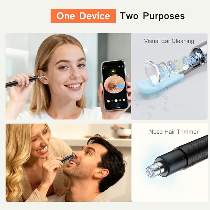2-in-1 Visual Ear Wax Removal & Nose Hair Trimmer, 1296P HD Ear Cleaner with AI Eardrum Alert, Smart Anti-Pinch, 360° Rounded Blades, IP67 Waterproof, APP Visual Camera for Men, Women & Family Use