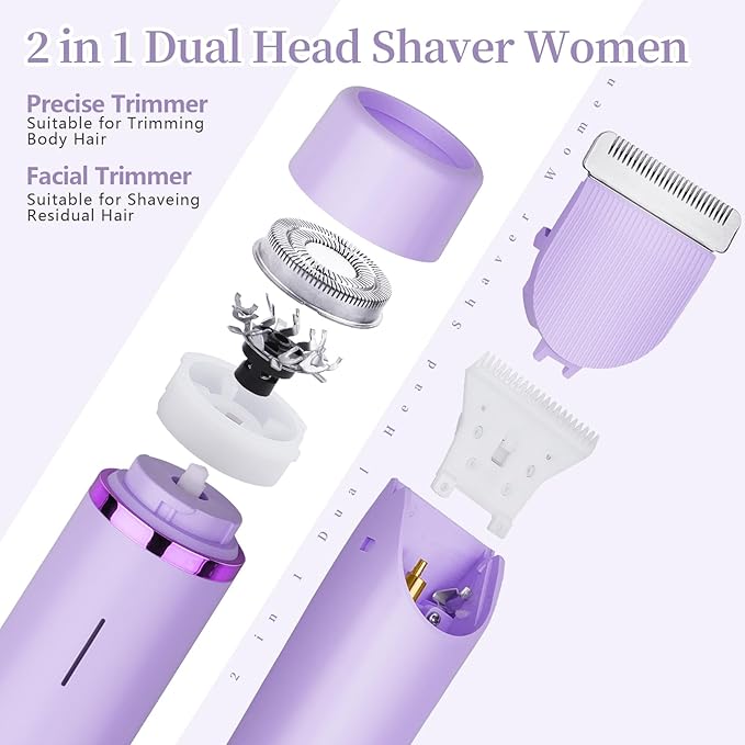 Ladies Electric Razor, 2 in 1 Dual Head Shaver Women, Bikini Trimmer for Women Personal Body Face Leg Arm Hair USB Charge Waterproof Wet and Dry (Purple)