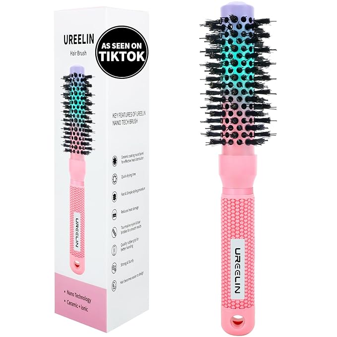 Round Brush for Blow Out - 1.0 Inch Small Nano Thermal Ceramic & Ionic with Boar Bristles - Salon Blow Drying Hair Brush for Drying,Volumizing, Curling, Shine & Smooth Styling