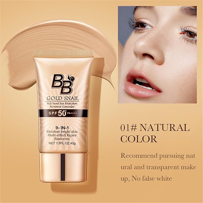 Korean BB Cream with SPF 50, 9 in 1 BB Cream Sunscreen SPF 50 Korean Waterproof Sweatproof, Foundation Full Coverage Tinted Moisturizer, Facial Concealer for Oily Skin, Dry Skin (01# Natural Color)