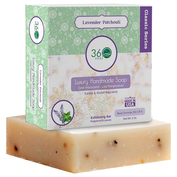 360Feel Lavender Patchouli Soap - Made in the USA - Castile Handmade, All-Natural, Cold-Processed - Infused with Lavender & Patchouli Scent for Relaxation & Calm - Creamy Lather (5 oz)