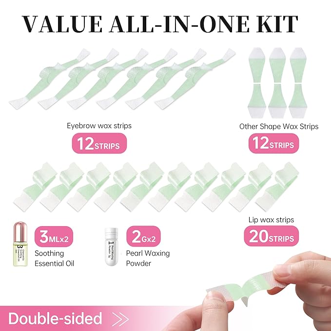 Beauty7 Wax Strips Kit, 2 SETS IN ONE PACKAGE. Eyebrow & Lip Facial Hair Removal with Pearl Powder Essential Oil for All Skin Types Women