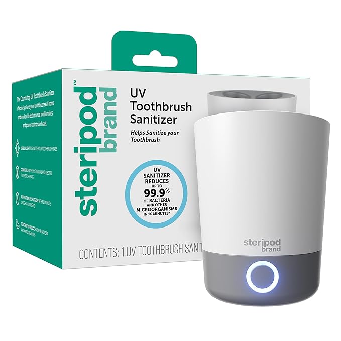 Steripod Brand UV Home Countertop Toothbrush Sanitizer, Reduces Harmful Microorganisms, Toothbrush Holder and Cleaning Station, Holds Four Toothbrushes