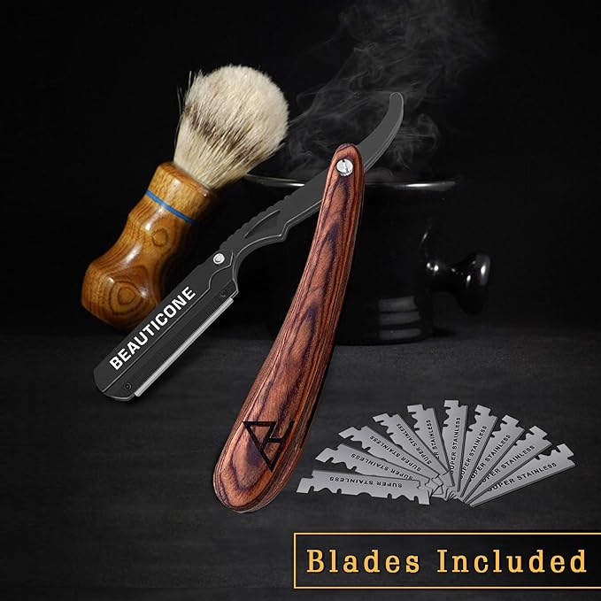 BEAUTICONE Straight Razors for Men, Straight Edge Razor, 100 Single Edge Blades, Stainless Steel, Barber Razor for Men's Shaving, Barber Shaving Knife, Wooden, Swinglock